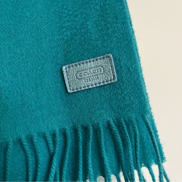 COACH 70% Wool 30% Cashmere Blend Teal Aqua Fringe Long Winter Scarf Wrap OS - Picture 7 of 7